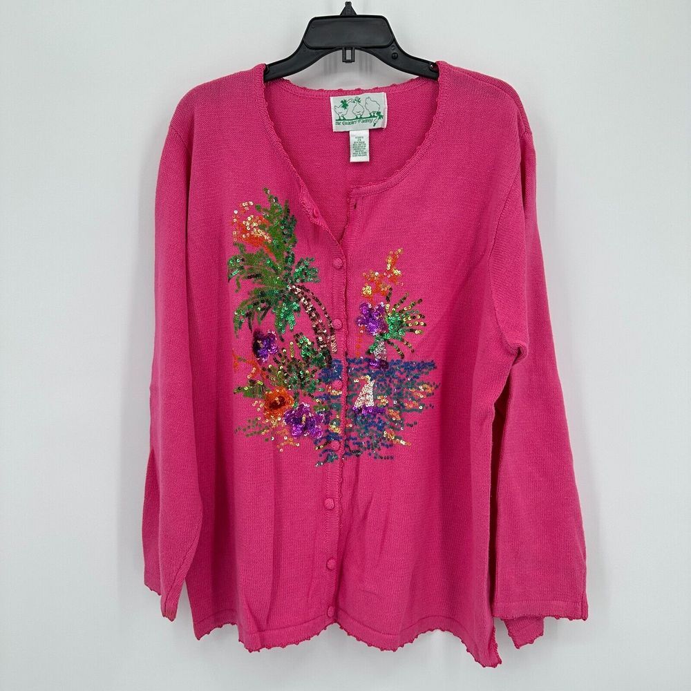 Vintage The Quacker Factory Sweater Womens 2X Plus Pink Cardigan Palm Sequins